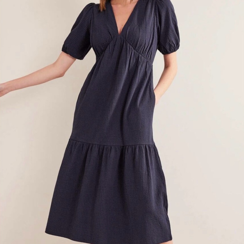BODEN Navy Blue Seersucker Puff Sleeve V-neck Cotton Midi Dress Size 8